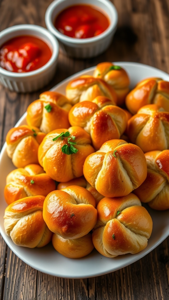 A close-up of golden garlic knots on a plate, garnished with parsley and served with marinara sauce.